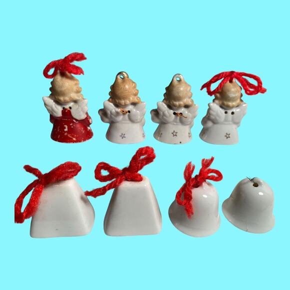 Vtg Set Of 8 Christmas Bells And Angel Bells Hanging Ornaments Japan Miniature - Picture 5 of 10